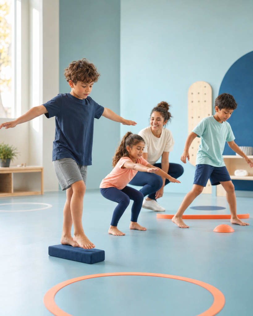 Kinderen doen verschillende beweegoefeningen onder begeleiding van een coach