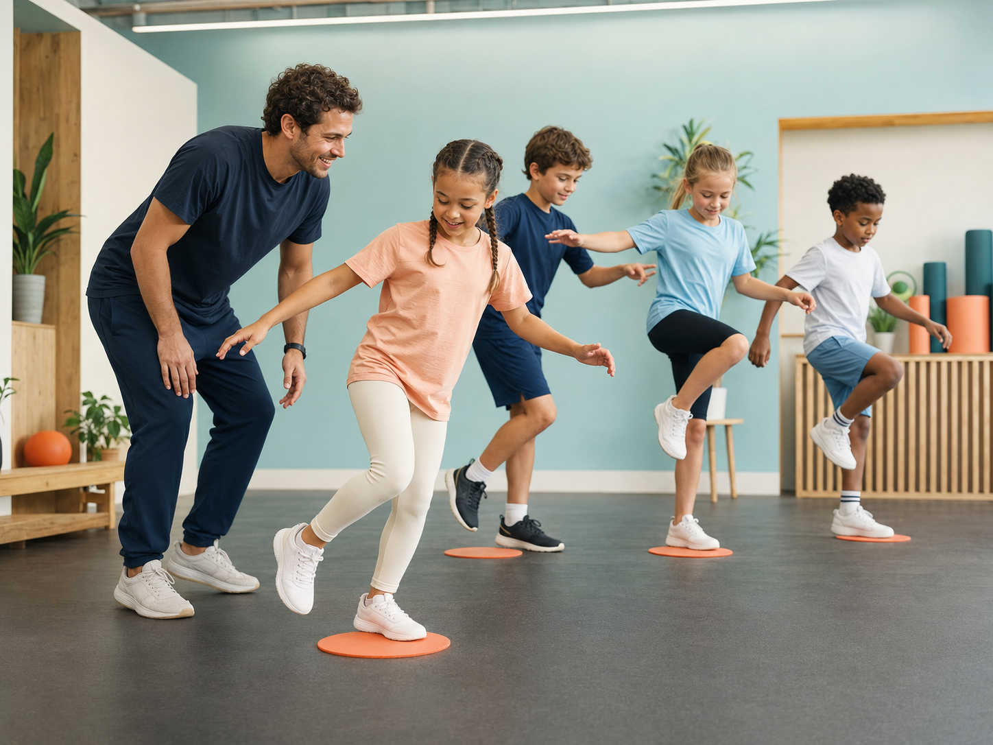 Coach begeleidt kinderen tijdens een speelse bewegingsoefening in een sportclub