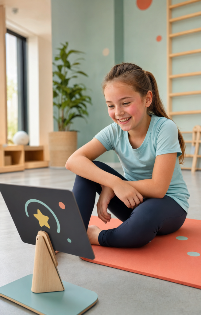 Kind bekijkt na een beweegsessie de feedback op een tablet