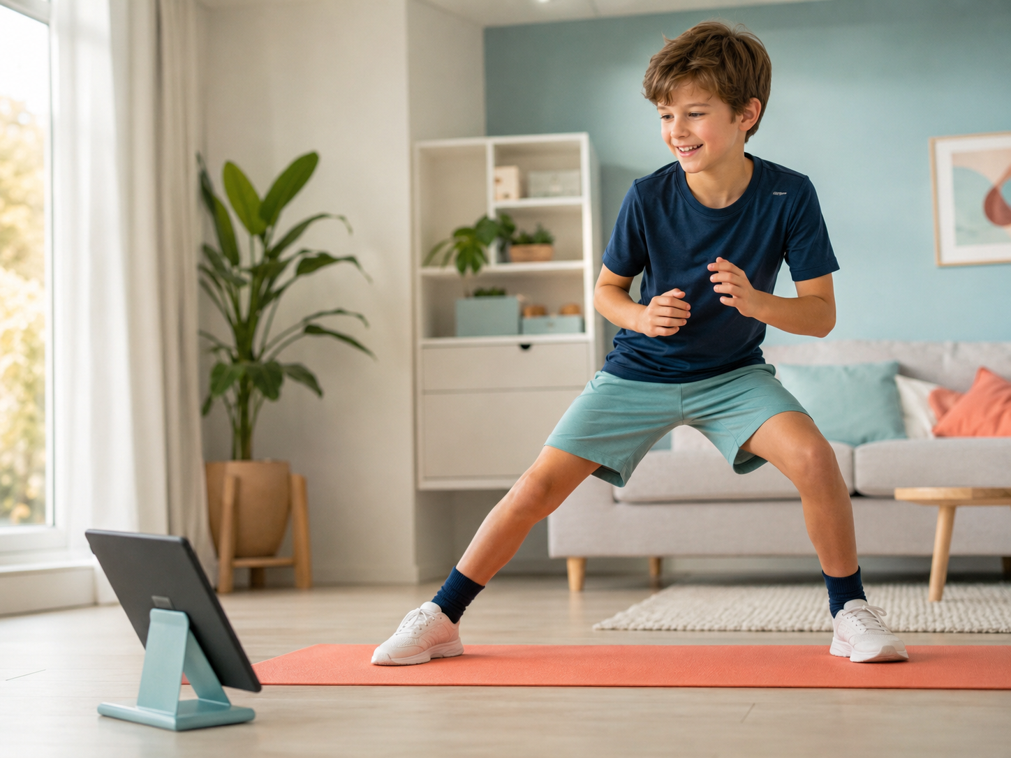 Jongen oefent thuis met de PoseHero-beweegapp op een tablet