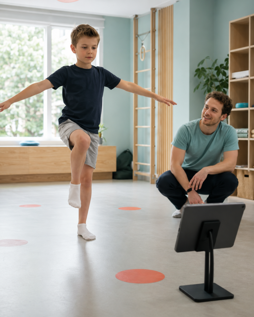 Kind doet een balansoefening met ondersteuning van een beweegcoach en tablet