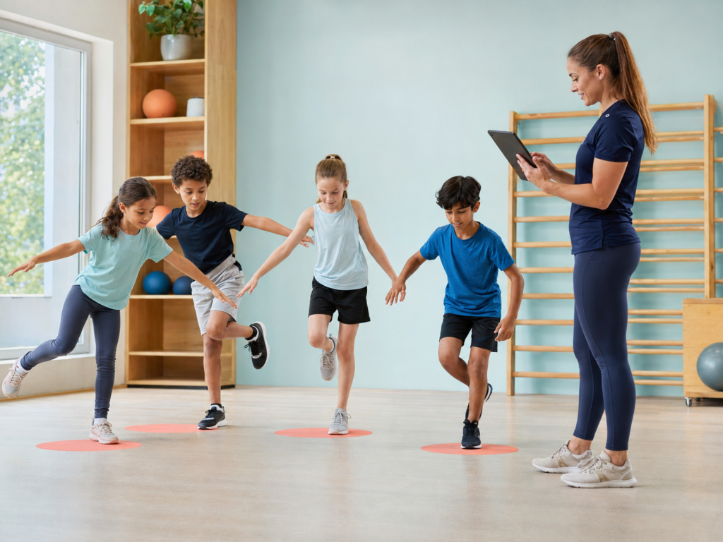 Beweegcoach begeleidt kinderen tijdens een PoseHero-oefening in een sportzaal